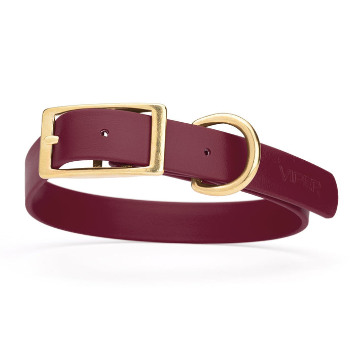 Merlot Burgundy dog collar with brass buckle and D-ring, made from waterproof Biothane, 1-inch wide, fits medium and large dogs