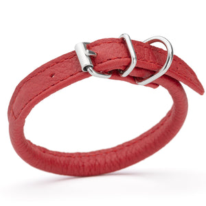 Red leather dog collar with metal hardware, 1/4 inches wide
