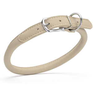 Beige leather dog collar with metal hardware, 1/2 inches wide