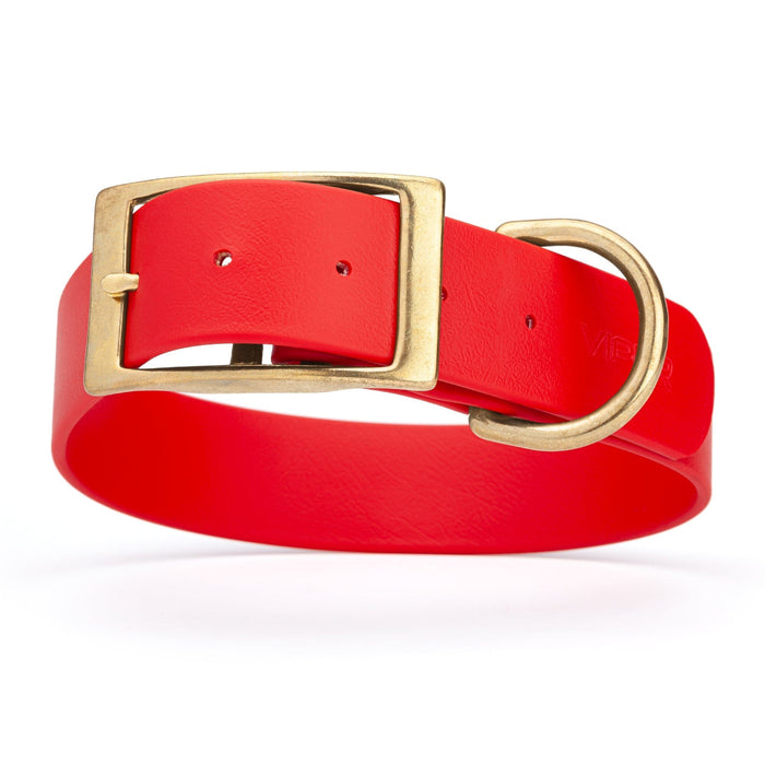 Cherry Red dog collar with brass buckle and D-ring, made from waterproof Biothane, 1.5-inch wide, fits large and giant dogs