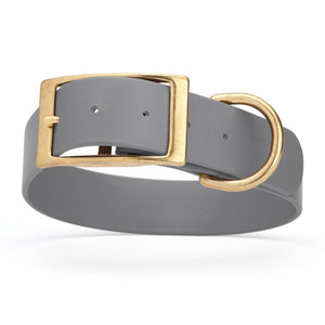 Battleship Gray waterproof collar for large dogs with brass buckle and D-ring, made from Biothane, 1.5-inch wide