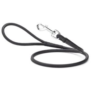 Black leather leash for dogs with metal swivel clip, rolled design, 1/4 or 3/8 inches wide