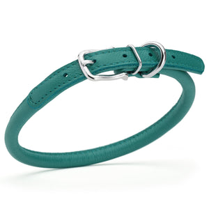 Teal leather dog collar with metal hardware, 3/8 inches wide