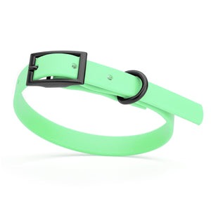 Sea Foam Green dog collar with black hardware, made from waterproof biothane, 9 to 12 inches long