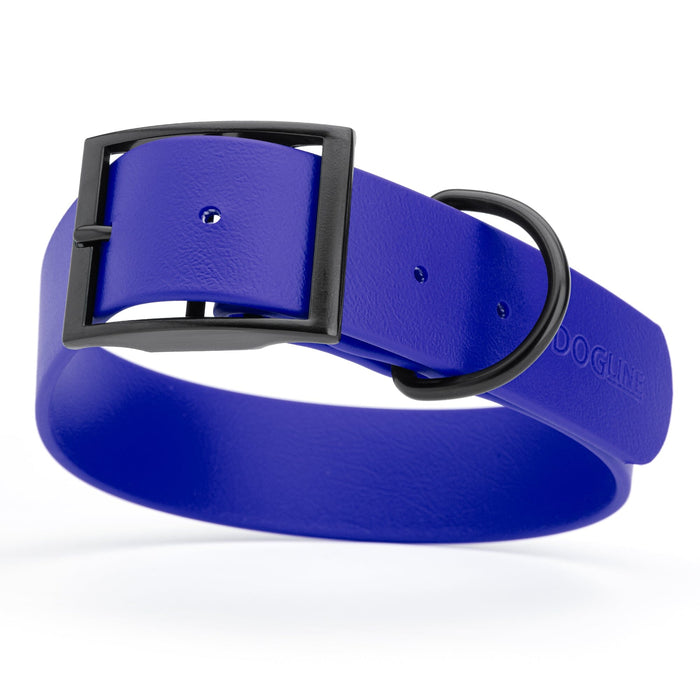 Blueberry dog collar with black buckle, made from waterproof biothane, 1.5 inches wide, 16 to 20 inches long, fits large dogs