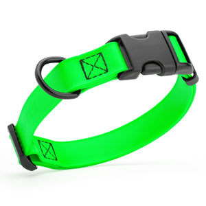 Tropical Green dog collar with black quick release buckle and metal D-ring, adjustable, 5/8 inches wide, made from waterproof Biothane