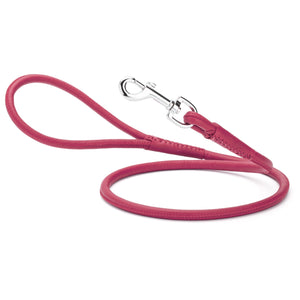 Pink leather leash for dogs with metal swivel clip, rolled design, 1/4 or 3/8 inches wide