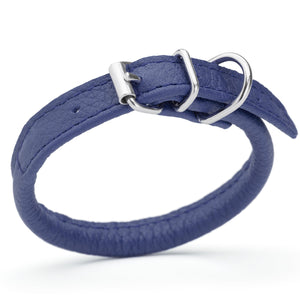 Royal blue leather dog collar with metal hardware, 1/4 inches wide