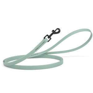 Sage green dog leash with black swivel clip, made from waterproof Biothane, 6 feet long, 1/2 inches wide