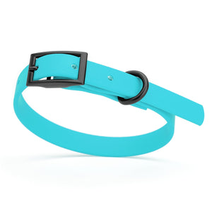 Sky blue dog collar with black hardware, made from biothane, waterproof and odor resistant, 9 to 12 inches long