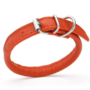 Orange leather dog collar with metal hardware, 1/4 inches wide