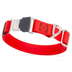 Cherry red dog collar with silver Herm Sprenger buckle and metal D-ring, made from waterproof and odor resistant Biothane