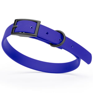 Blueberry dog collar with black hardware, made from waterproof biothane, 12 to 15 inches long 