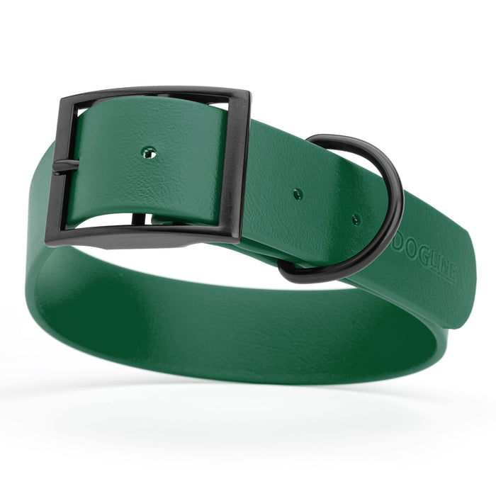 Hunter Green dog collar with black buckle, made from waterproof biothane, 1.5 inches wide, 24 to 28 inches long, fits large dogs