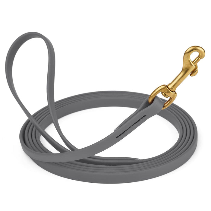 Waterproof Battleship Gray dog collar with brass clip, made from BioThane, length 10 feet, width 1/2 inch