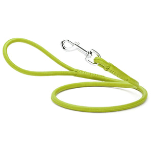 Lime green leather leash for dogs with metal swivel clip, rolled design, 1/4 or 3/8 inches wide