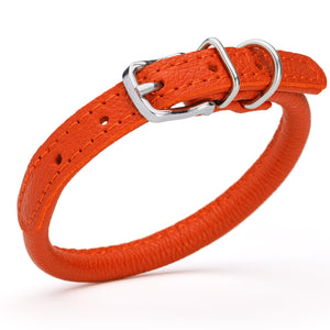 Orange leather dog collar with metal hardware, 1/3 inches wide