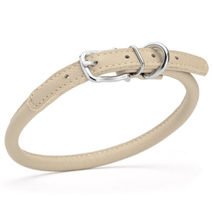Beige leather dog collar with metal hardware, 3/8 inches wide