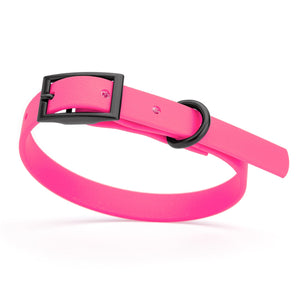 Passionfruit Pink dog collar with black hardware, made from waterproof biothane, 9 to 12 inches long