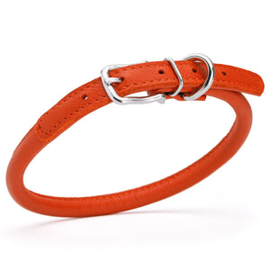 Orange leather dog collar with metal hardware, 3/8 inches wide
