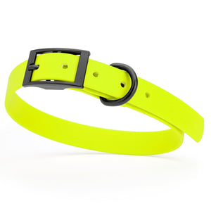 Safety Yellow waterproof dog collar with black metal buckle and D-ring, made from BioThane, fits medium dogs