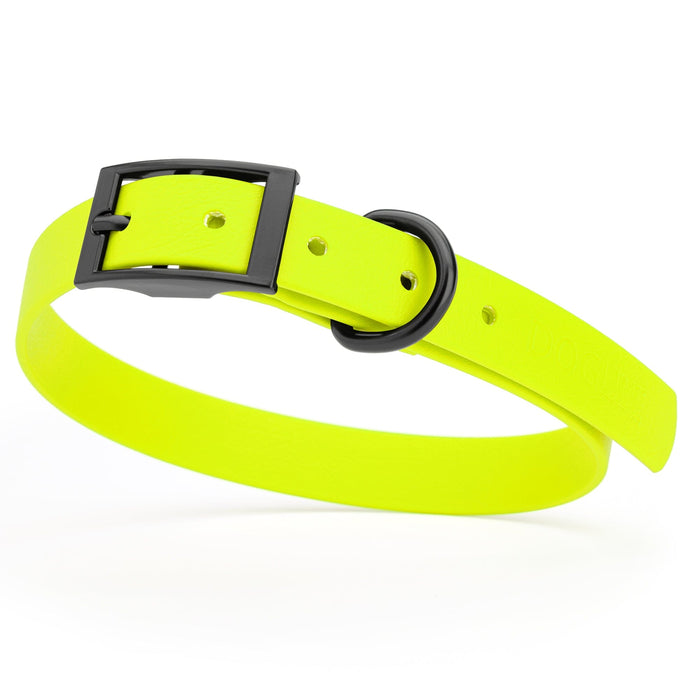 Safety Yellow waterproof dog collar with black metal buckle and D-ring, made from BioThane, fits medium dogs