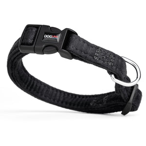 Black dog collar with quick release buckle and metal ring, made from soft microfiber, 5/8 inches wide