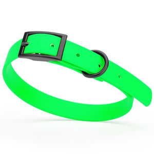 Tropical Green dog collar with black hardware, made from waterproof biothane, 12 to 15 inches long