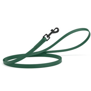 Hunter green dog leash with black swivel clip, made from waterproof Biothane, 6 feet long, 1/2 inches wide