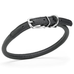 Black leather dog collar with metal hardware, 3/8 inches wide