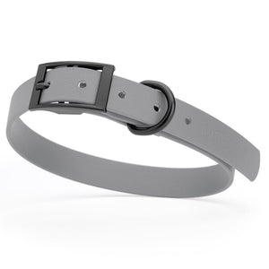 Battleship Gray waterproof dog collar with black metal buckle and D-ring, made from BioThane, fits medium dogs