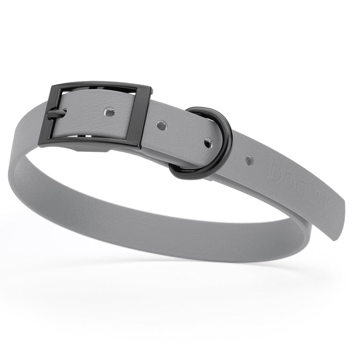 Battleship Gray waterproof dog collar with black metal buckle and D-ring, made from BioThane, fits medium dogs