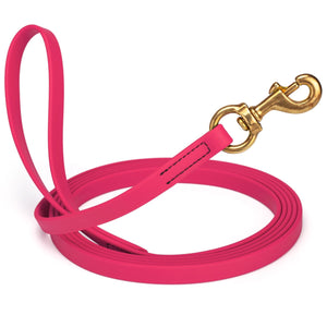 Passionfruit Pink Biothane dog leash with brass swivel snap hook, 5/8 inch wide, 33 feet long
