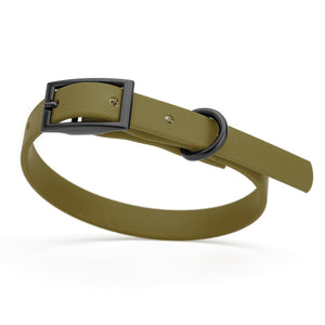 Olive Drab Green dog collar with black hardware, made from waterproof biothane, 9 to 12 inches long