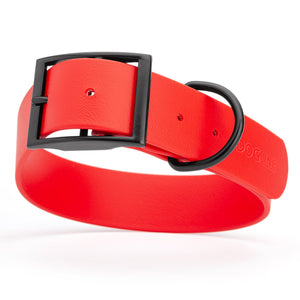 Cherry red dog collar with black buckle, made from waterproof biothane, 1.5 inches wide, 16 to 20 inches long, fits large dogs