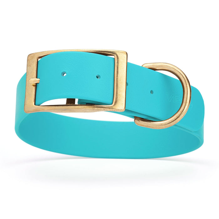 Sky Blue waterproof collar for large dogs with brass buckle and D-ring, made from Biothane, size XL, 1.5-inch wide