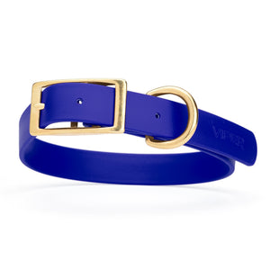 Blueberry dog collar with brass buckle and D-ring, made from waterproof Biothane, 1-inch wide, fits medium and large dogs
