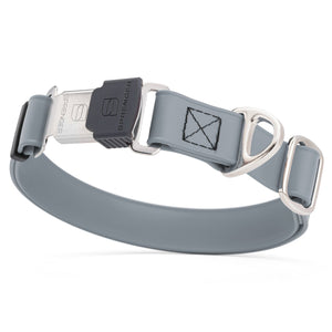 Battleship Gray dog collar with silver Herm Sprenger buckle and metal D-ring, made from waterproof and odor resistant Biothane