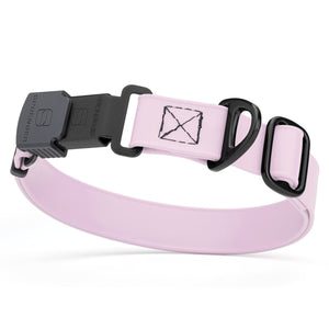 Pastel Purple dog collar with black Herm Sprenger buckle and metal D-ring, adjustable, made from waterproof and odor resistant Biothane