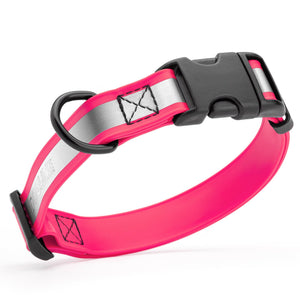Pink reflective dog collar with black quick release buckle and D-ring, adjustable, made from waterproof Biothane, 3/4 inches wide
