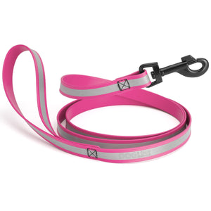 Pink reflective dog leash with metal clip, made from waterproof Biothane