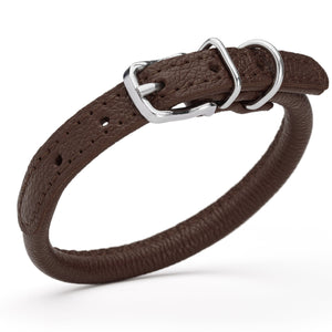 Dark brown leather dog collar with metal hardware, 1/3 inches wide