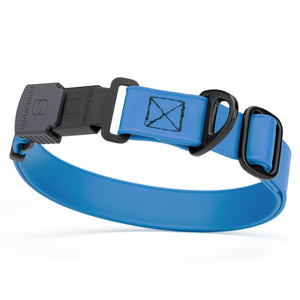 Cerulean blue dog collar with black Herm Sprenger buckle and metal D-ring, adjustable, made from waterproof and odor resistant Biothane