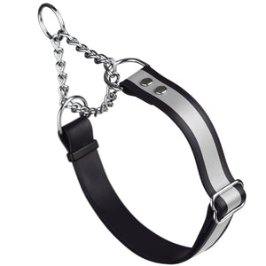 Black martingale dog collar with wide reflective strip, made from waterproof Biothane, adjustable