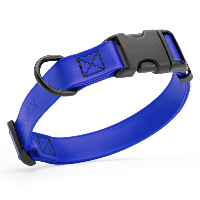 Blueberry dog collar with black quick release buckle and metal D-ring, adjustable, 5/8 inches wide, made from waterproof Biothane