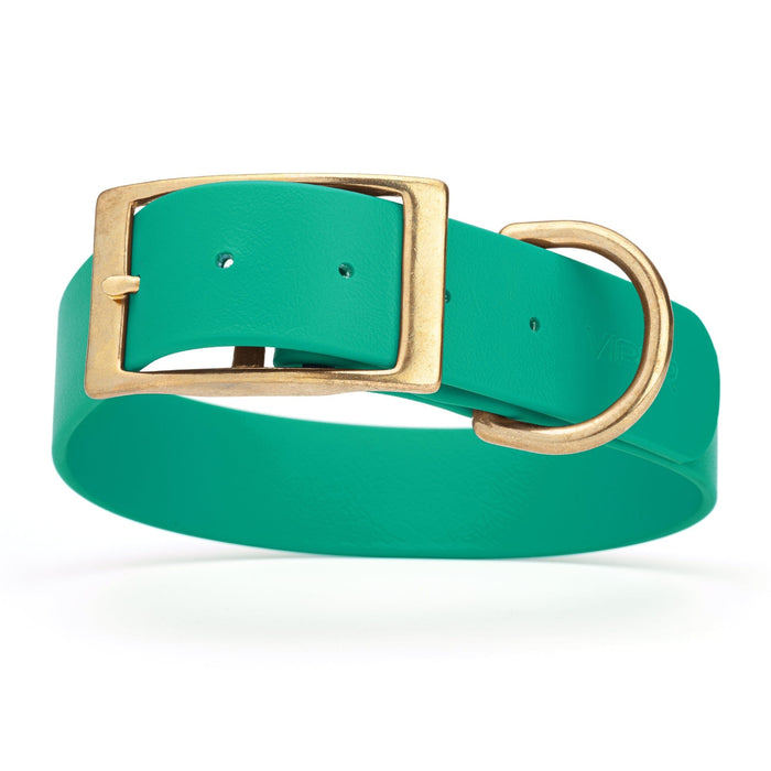 Teal waterproof collar for large dogs with brass buckle and D-ring, made from Biothane, size XL, 1.5-inch wide
