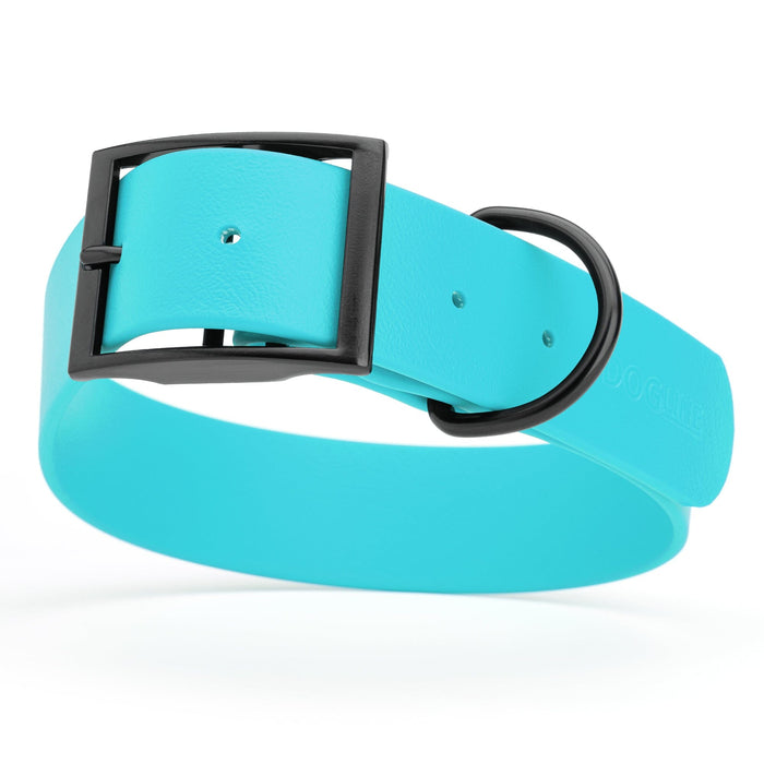 Sky blue dog collar with black buckle, made from waterproof biothane, 1.5 inches wide, 20 to 24 inches long, fits large dogs