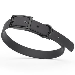 Black Biothane dog collar with black metal buckle and D-ring, width 5/8 inches, fits small dogs 