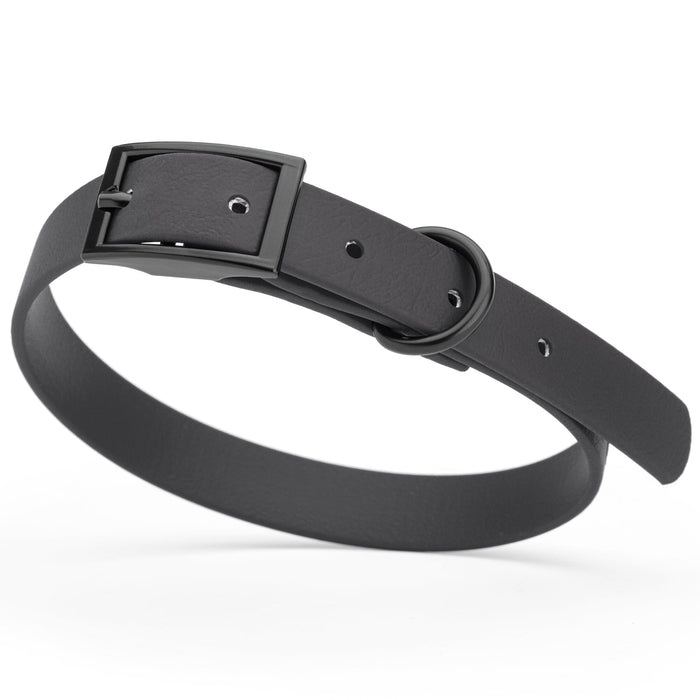 Black Biothane dog collar with black metal buckle and D-ring, width 5/8 inches, fits small dogs 