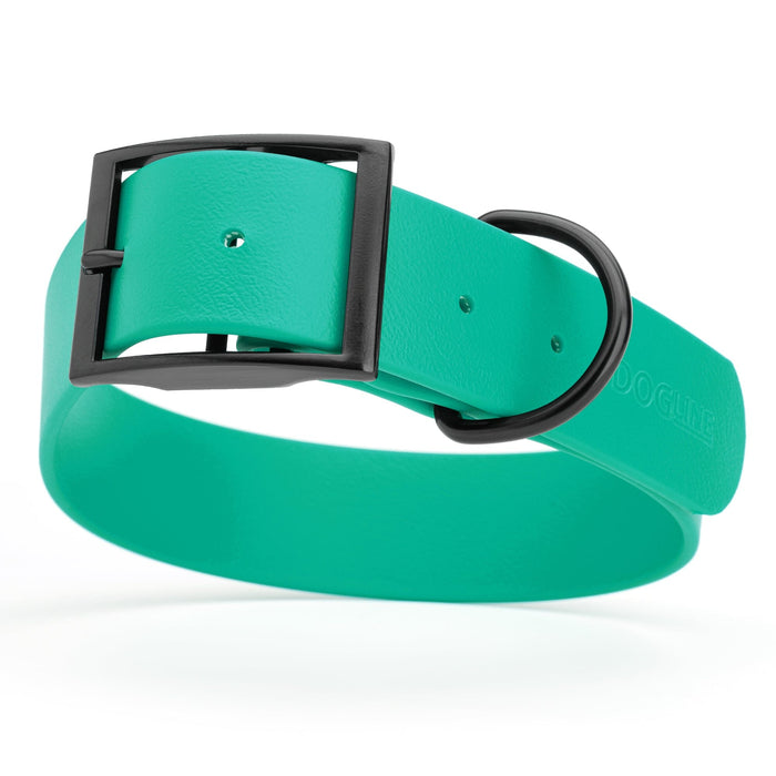 Teal dog collar with black buckle, made from waterproof biothane, 1.5 inches wide, 20 to 24 inches long, fits large dogs